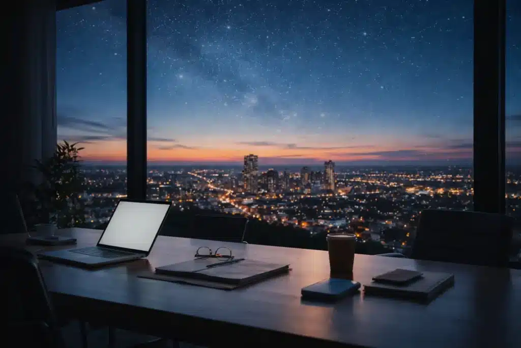 cityscape with laptop